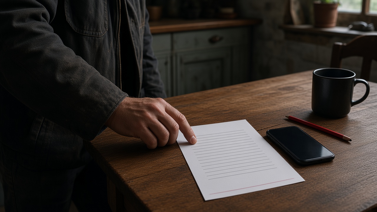 A roofer's hand on an unanswered quote at a kitchen table