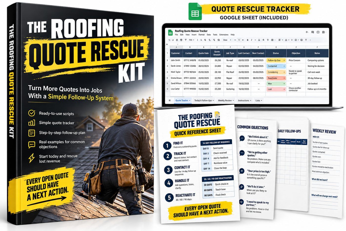 The Roofing Quote Rescue Kit: the guide, the quote tracker on a laptop, and the quick reference sheet.